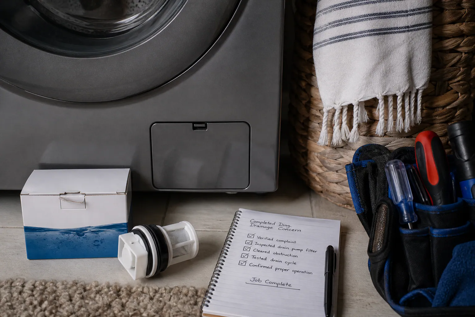 A washer service record being reviewed beside the appliance.