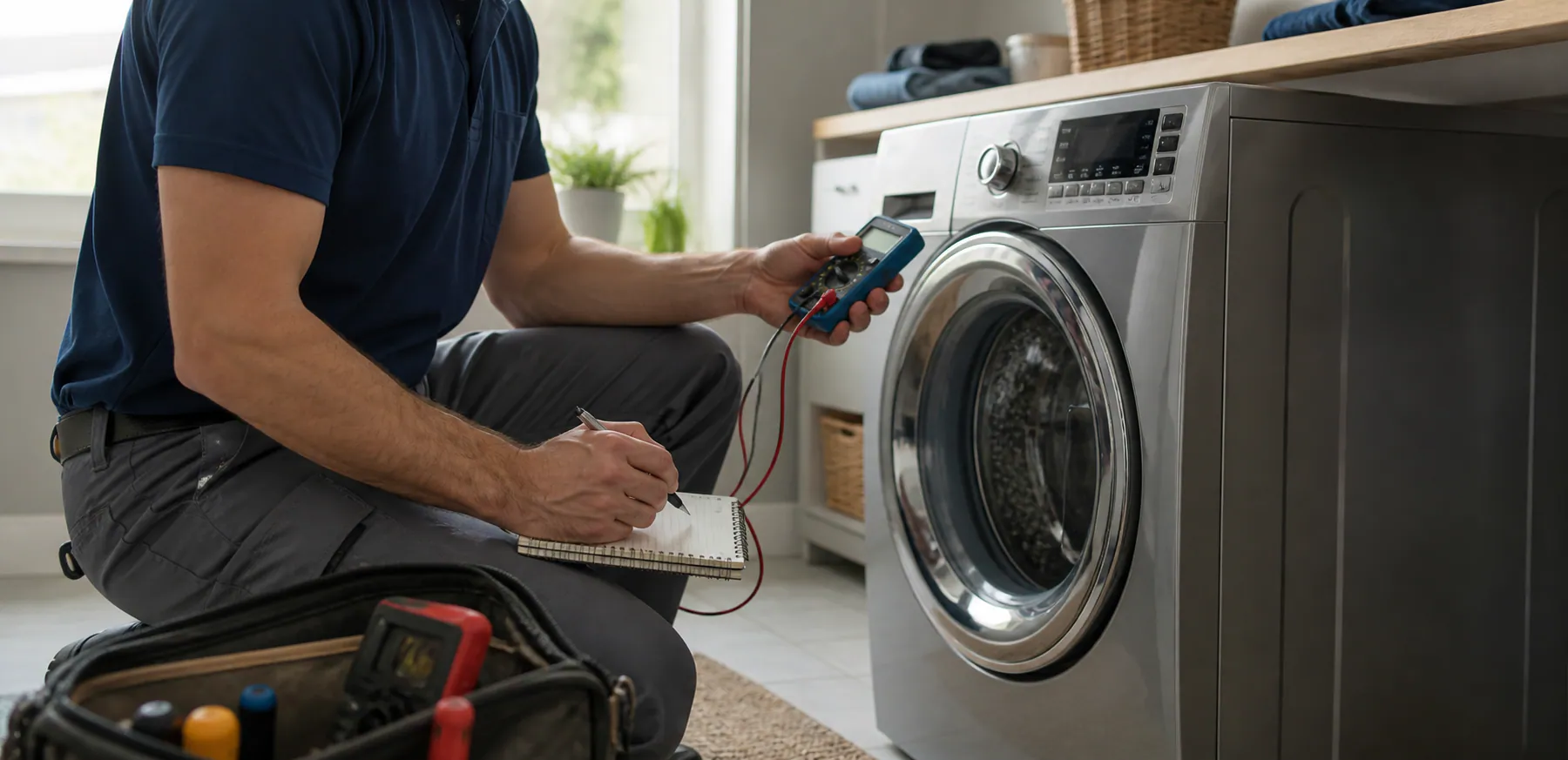 An appliance technician diagnosing a front-load washer.